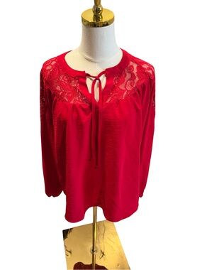 Vintage cure Red Lace Yoke Tie-Neck Women's Top